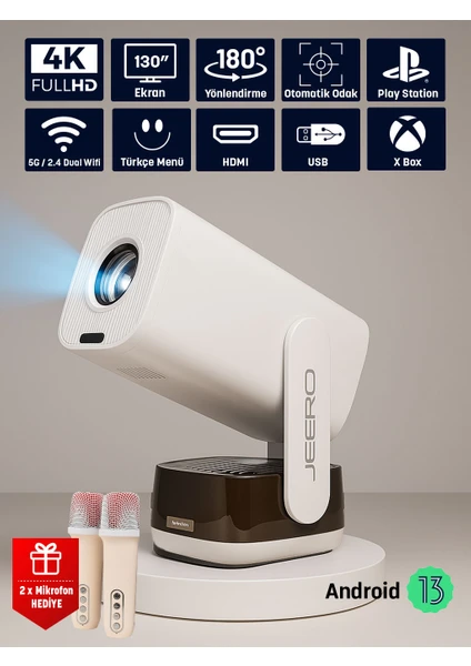 Jeero K6 Karaoke 4K Projeksiyon Cihazı Android 13 Dual Mikrofon RGB Işıklı