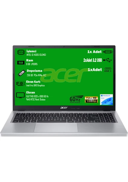 Acer Aspire 3 A315-510P i3-N305 8GB 256GB SSD 15.6” FHD Windows 11 Home Gümüş Notebook NX.KDHEY.008