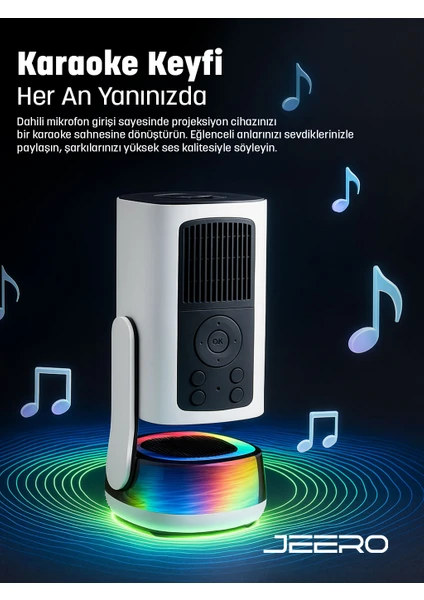 Jeero K6 Karaoke 4K Projeksiyon Cihazı Android 13 Dual Mikrofon RGB Işıklı