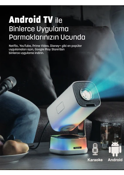 Jeero K6 Karaoke 4K Projeksiyon Cihazı Android 13 Dual Mikrofon RGB Işıklı