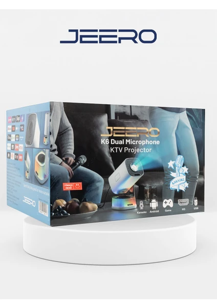 Jeero K6 Karaoke 4K Projeksiyon Cihazı Android 13 Dual Mikrofon RGB Işıklı